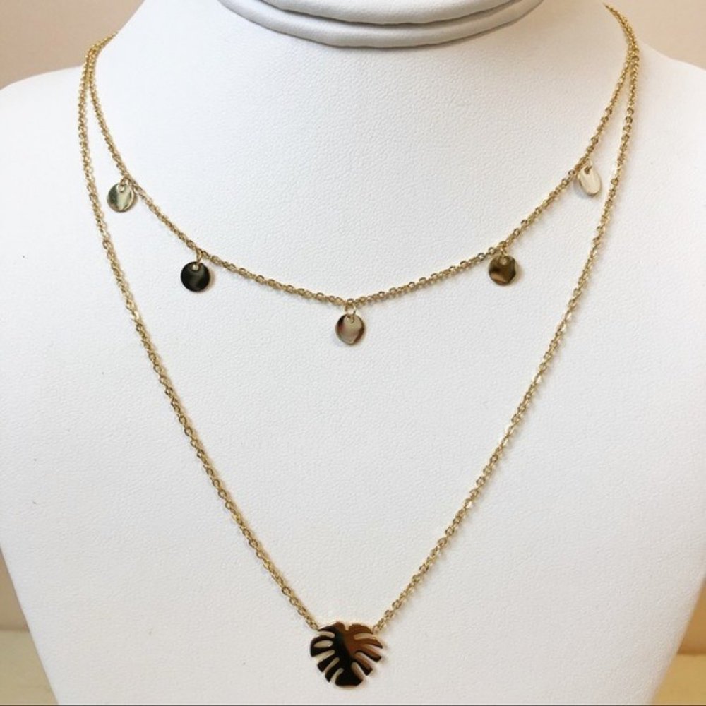 NWT Double Layered Necklace Leaf Stainless Steel